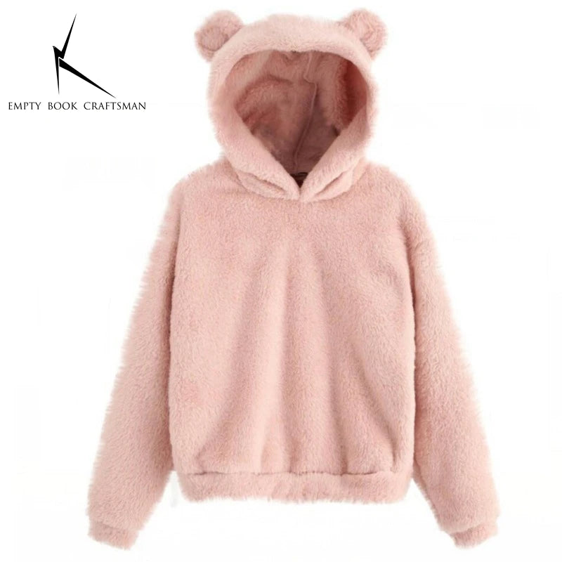Winter Women's Hoodies Winter Women Long Sleeve Rabbit Ear Hood Sweatshirt Cute Plush Warm Casual Hoodie Tops