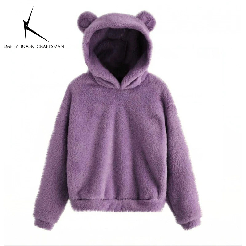 Winter Women's Hoodies Winter Women Long Sleeve Rabbit Ear Hood Sweatshirt Cute Plush Warm Casual Hoodie Tops