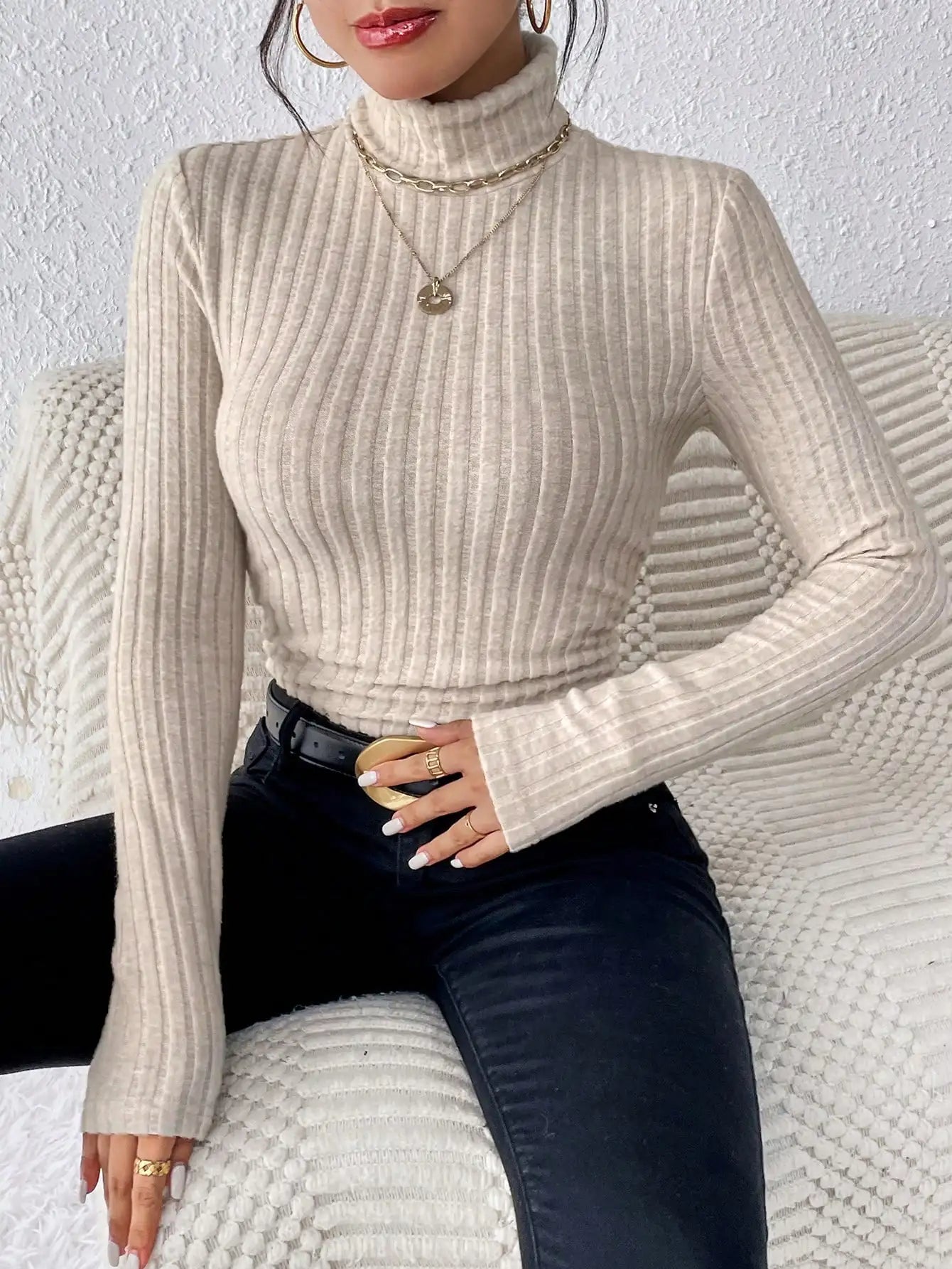 Winter Sexy Texture Women's t-shirt New High Neck Women's Tops Casual
