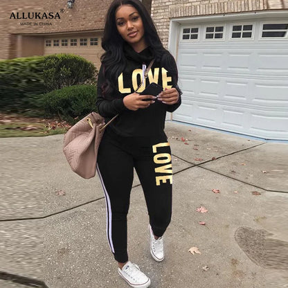 2 Piece Set Women Outfit LOVE Letter Print High Neck Hoodies Sweatshirt Pants Streetwear Casual