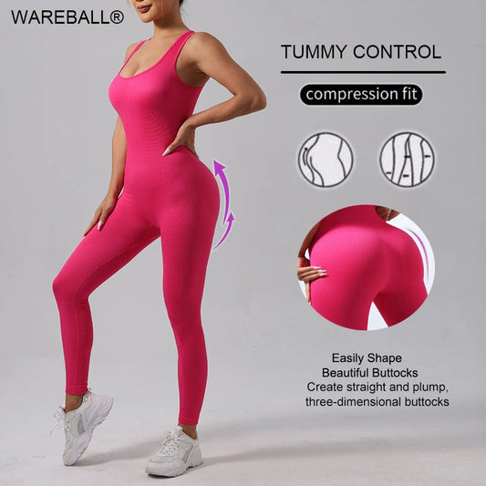 WAREBALL Sports Running Studio Seamless High Stretch Yoga Fitness Women's Solid Color Sports Jumpsuit