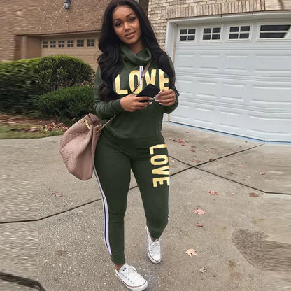 2 Piece Set Women Outfit LOVE Letter Print High Neck Hoodies Sweatshirt Pants Streetwear Casual