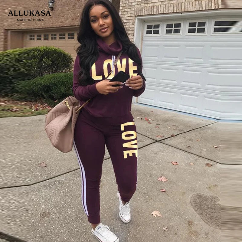 2 Piece Set Women Outfit LOVE Letter Print High Neck Hoodies Sweatshirt Pants Streetwear Casual