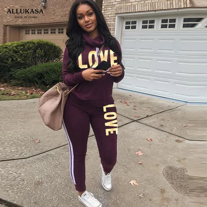2 Piece Set Women Outfit LOVE Letter Print High Neck Hoodies Sweatshirt Pants Streetwear Casual
