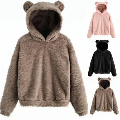 Winter Women's Hoodies Winter Women Long Sleeve Rabbit Ear Hood Sweatshirt Cute Plush Warm Casual Hoodie Tops