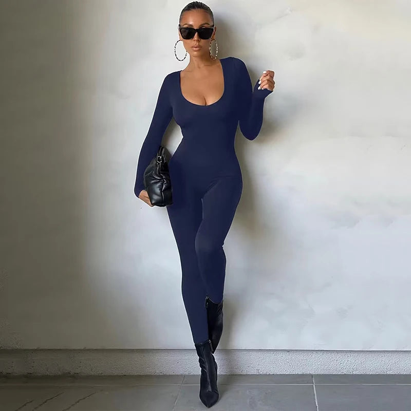 Dulzura Women  Autumn Winter Long Sleeve Bodycon Streetwear Jumpsuit Overall One Piece Outfit