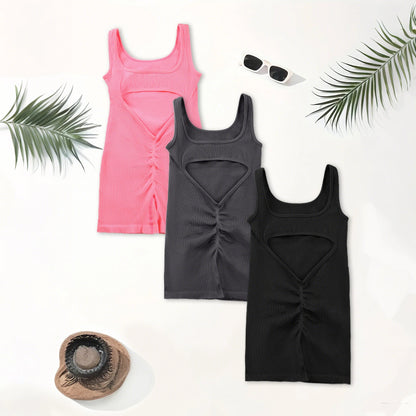 1PCS Backless Yoga Suit U Neck Sports Jumpsuit Solid Colour Threaded Stretch Women Bodysuit Without Bust Pads