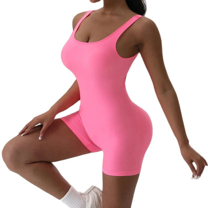 1PCS Backless Yoga Suit U Neck Sports Jumpsuit Solid Colour Threaded Stretch Women Bodysuit Without Bust Pads