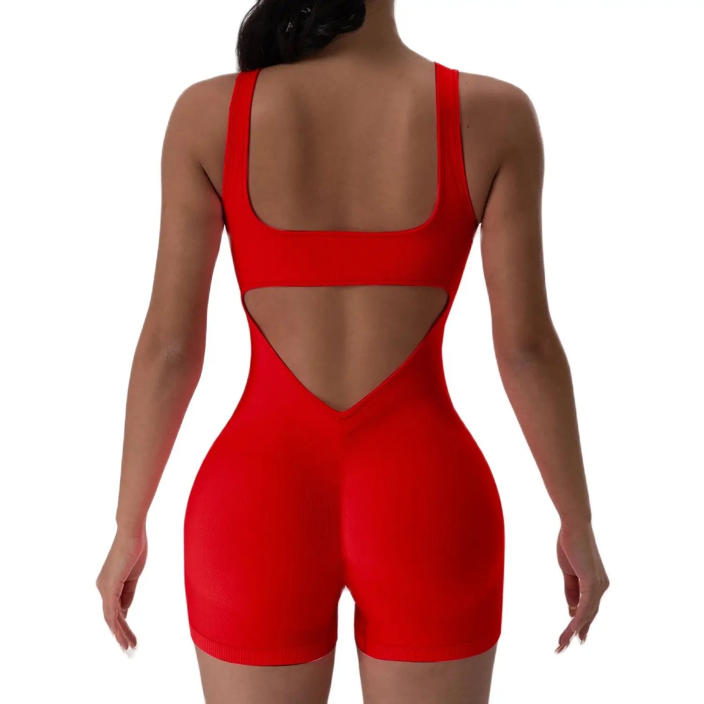 1PCS Backless Yoga Suit U Neck Sports Jumpsuit Solid Colour Threaded Stretch Women Bodysuit Without Bust Pads
