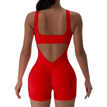 1PCS Backless Yoga Suit U Neck Sports Jumpsuit Solid Colour Threaded Stretch Women Bodysuit Without Bust Pads