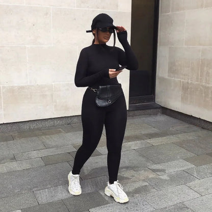 O-Neck Solid Bodycon Sexy Black Rompers Casual Skinny Fashion Sporty Jumpsuits