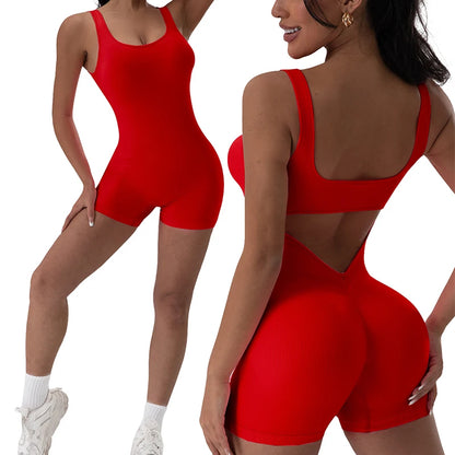 1PCS Backless Yoga Suit U Neck Sports Jumpsuit Solid Colour Threaded Stretch Women Bodysuit Without Bust Pads