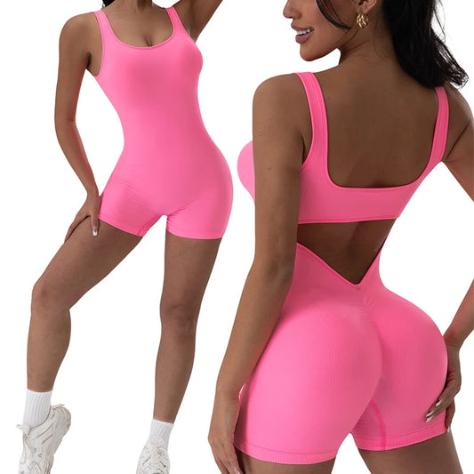 1PCS Backless Yoga Suit U Neck Sports Jumpsuit Solid Colour Threaded Stretch Women Bodysuit Without Bust Pads