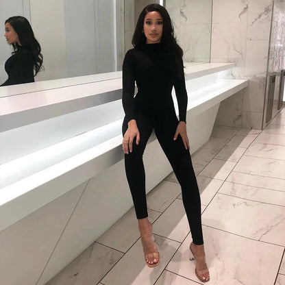 O-Neck Solid Bodycon Sexy Black Rompers Casual Skinny Fashion Sporty Jumpsuits