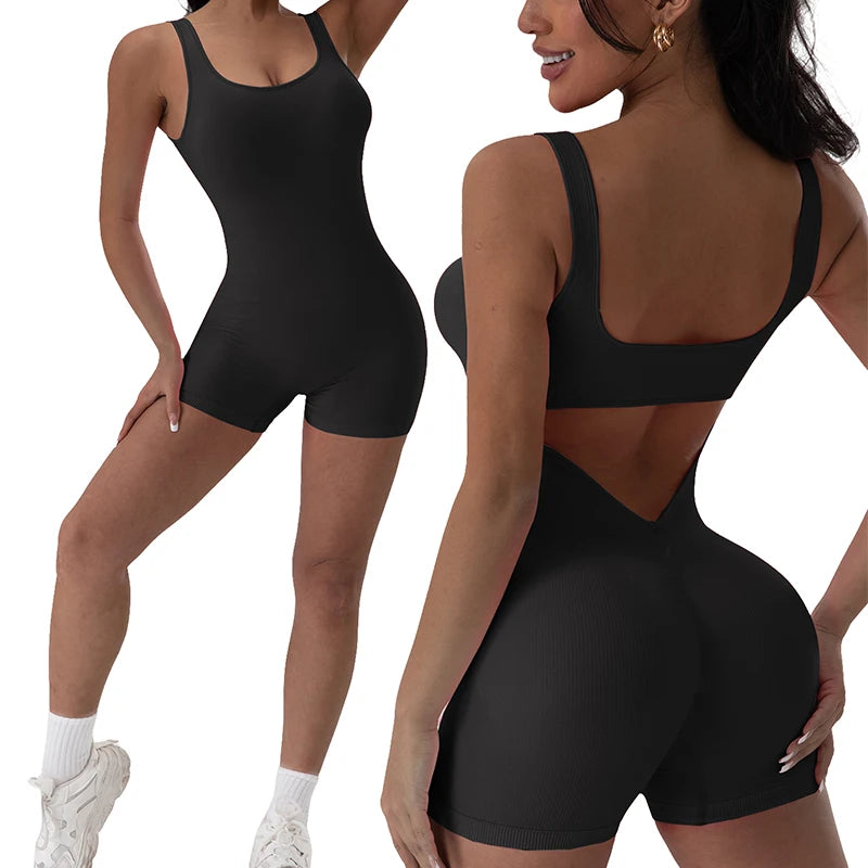 1PCS Backless Yoga Suit U Neck Sports Jumpsuit Solid Colour Threaded Stretch Women Bodysuit Without Bust Pads