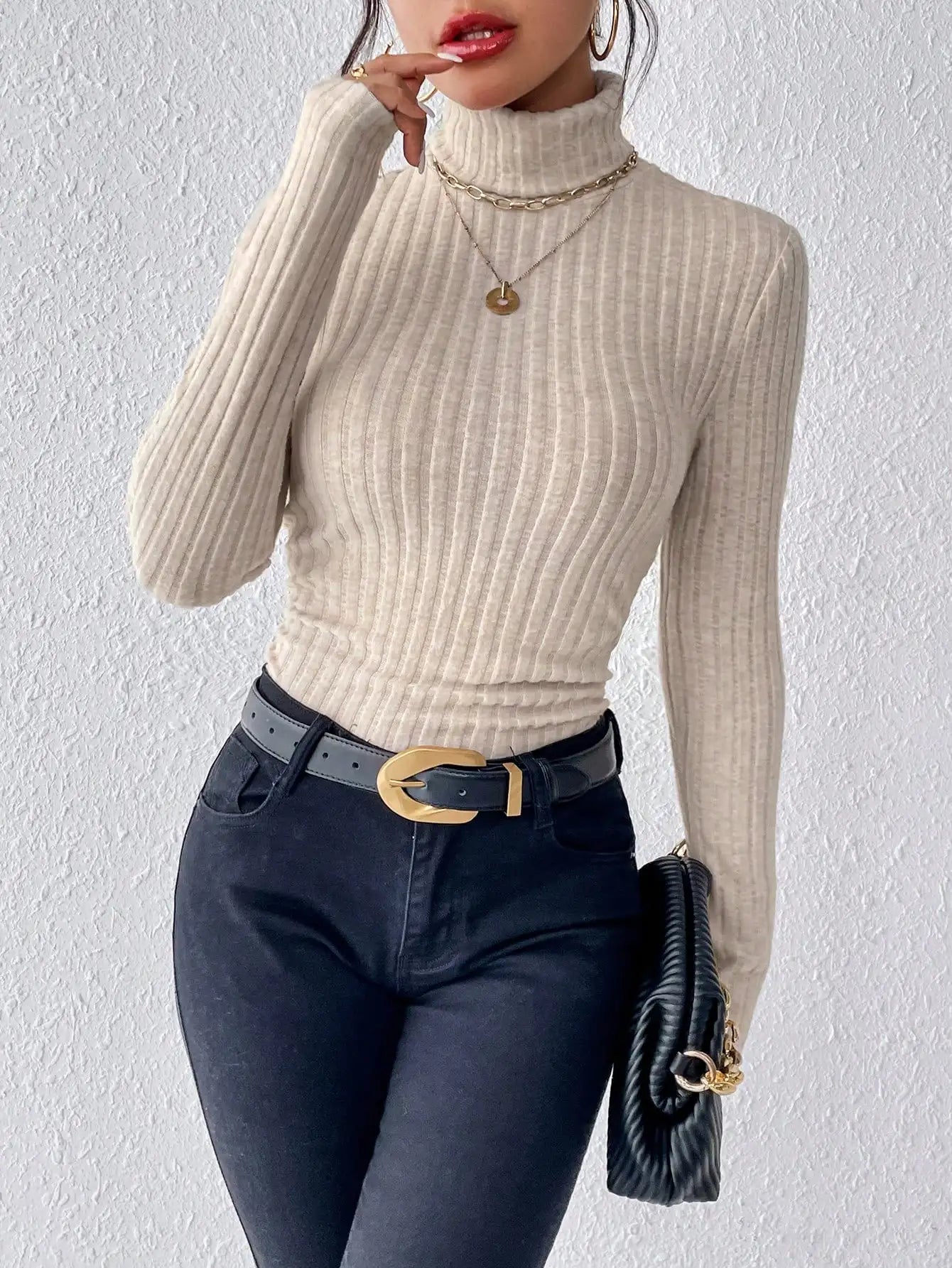 Winter Sexy Texture Women's t-shirt New High Neck Women's Tops Casual