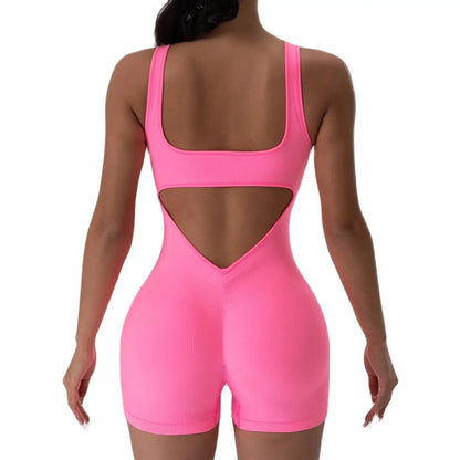 1PCS Backless Yoga Suit U Neck Sports Jumpsuit Solid Colour Threaded Stretch Women Bodysuit Without Bust Pads
