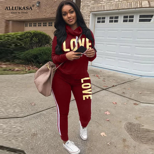 2 Piece Set Women Outfit LOVE Letter Print High Neck Hoodies Sweatshirt Pants Streetwear Casual