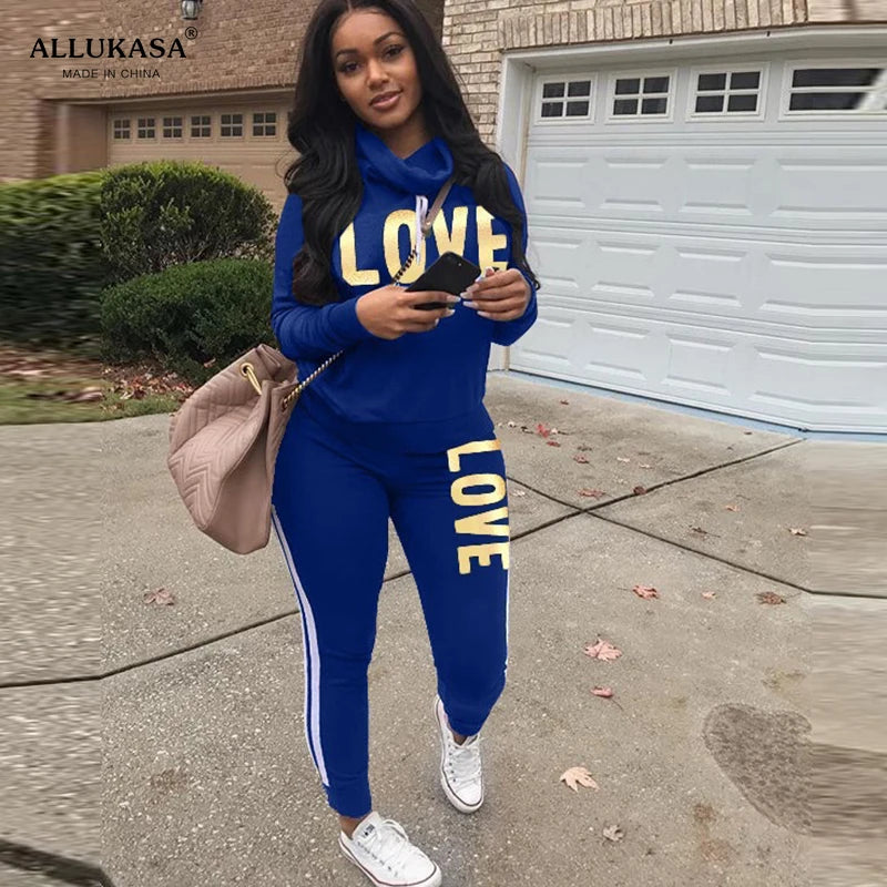 2 Piece Set Women Outfit LOVE Letter Print High Neck Hoodies Sweatshirt Pants Streetwear Casual