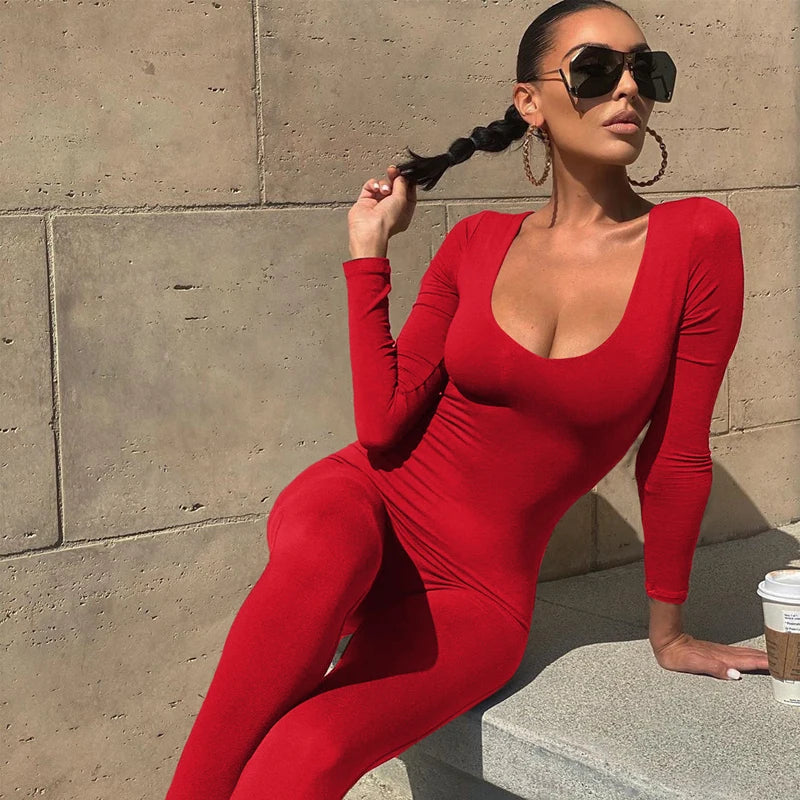 Dulzura Women  Autumn Winter Long Sleeve Bodycon Streetwear Jumpsuit Overall One Piece Outfit
