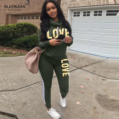 2 Piece Set Women Outfit LOVE Letter Print High Neck Hoodies Sweatshirt Pants Streetwear Casual
