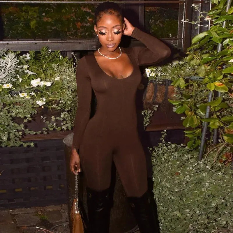 Dulzura Women  Autumn Winter Long Sleeve Bodycon Streetwear Jumpsuit Overall One Piece Outfit