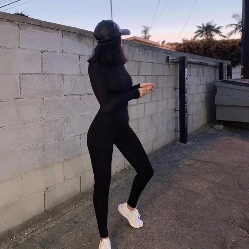 O-Neck Solid Bodycon Sexy Black Rompers Casual Skinny Fashion Sporty Jumpsuits