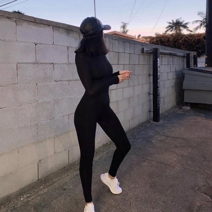 O-Neck Solid Bodycon Sexy Black Rompers Casual Skinny Fashion Sporty Jumpsuits