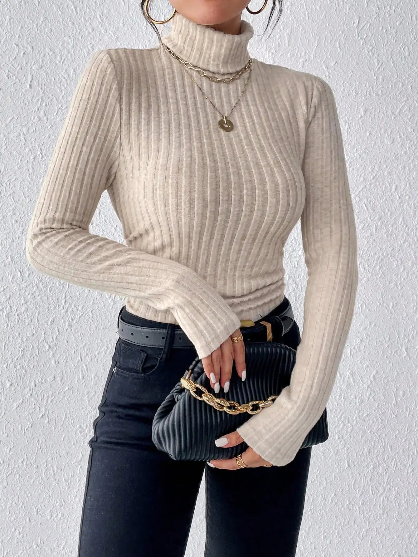 Winter Sexy Texture Women's t-shirt New High Neck Women's Tops Casual